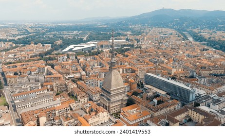 Turin, Italy. Mole Antonelliana - Majestic building from the 19th century. Panorama of the city. Summer day, Aerial View   - Powered by Shutterstock