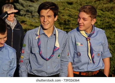 Turin, Italy - October 10, 2017:  Meeting Of Boy Scouts Before The Departure Of The Excursion