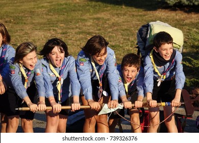 Turin, Italy - October 10, 2017:  Meeting Of Boy Scouts Before The Departure Of The Excursion