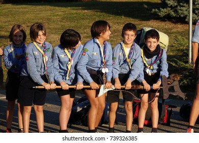 Turin, Italy - October 10, 2017:  Meeting Of Boy Scouts Before The Departure Of The Excursion