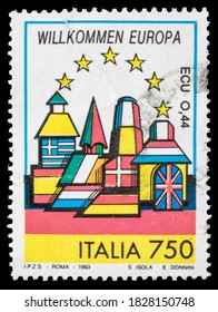 TURIN, ITALY - OCTOBER 6, 2020: A Stamp Printed In ITALY Dedicated To European Single Market And Germany, Circa 1993