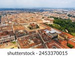 Turin, Italy. Palazzo Madama, Piazza Castello - City Square. Royal Palace in Turin. Panorama of the central part of the city. Aerial view