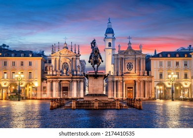 Turin, Italy at Piazza San Carlo during twilight.