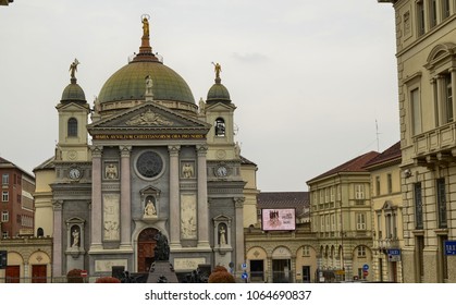 Turin, Italy, Piedmont April 08 2018. The façade of the Basilica of Mary Help of Christians. Sanctuary erected by St. John Bosco as a monument of gratitude to the Virgin Mary, with title AUSILIATRICE