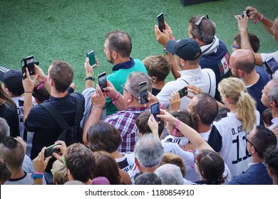 Turin, Italy - September 2018: A Lot Of People Taking Pictures Outside The Football Stadium