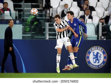 TURIN, ITALY - SEPTEMBER 29, 2021: 
Federico Chiesa And Andreas Christensen In Action 
During The UEFA Champions League 2021-2022 JUVENTUS V CHELSEA At Allianz Stadium. 