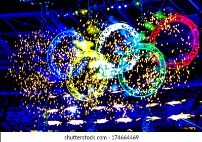 TURIN, ITALY-FEBRUARY 11, 2006: Olympic Rings Illuminated During The Opening Ceremony At The Winter Olympic Games Of Turin 2006.