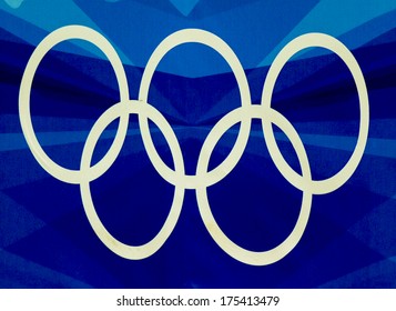 TURIN, ITALY-FEBRUARY 21,2006: Olympic Rings Logo With Bue Background Is Seen At The Winter Olympic Games Of Turin 2006.