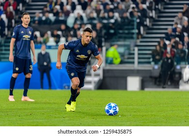 Turin - Nov 7, 2018: Alexis Sanchez 7 does a free kick. Juventus - Manchester United. UEFA Champions League. Matchday 4. Allianz stadium.