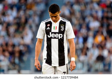 TURIN - OCT 20, 2018:  Cristiano Ronaldo Looks Sad. Juventus F.C. - Genoa C.F.C. Alliaz Stadium. Italian League Serie A.