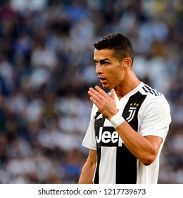 TURIN - OCT 20, 2018:  Cristiano Ronaldo Looks Sad. Juventus F.C. - Genoa C.F.C. Alliaz Stadium. Italian League Serie A.