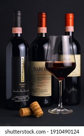 Turin, Piedmont, Italy. -01 02 2021-  Bottles of Piedmont aged red wine Barolo.