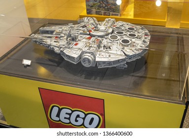 Turin, Piedmont, Italy. April 2018. The Lego shop in the historic center. The great reproduction of the millennium falcon of the star wars movie saga. It is a classic of successful lego.