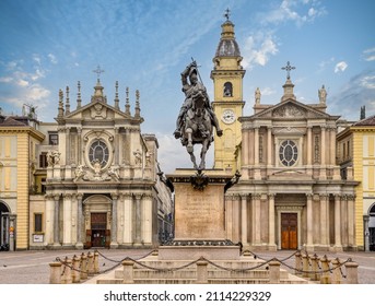 Turin, Piedmont, Italy: equestrian monument of Emmanuel Philibert in St Charles square and twins churches of Santa Cristina and Sant Carlo (right)