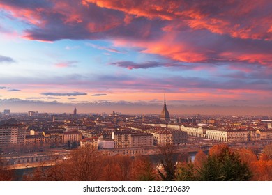 Turin, Piedmont, Italy skyline with the Mole Antonelliana at dusk.
