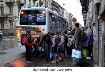 Turin, Piedmont, May 2018, Italy. Departure For The Year-end School Trip Of A Primary School Pup