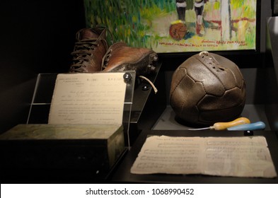 TURIN - SEPTEMBER 21, 2017: Sports Memorabilia Exhibited At The Juventus Museum On September 21, 2017 In Turin