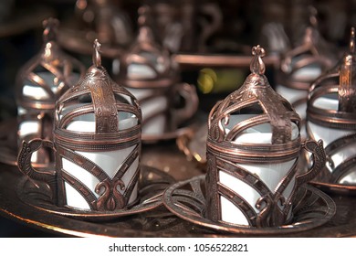 Turk For Coffee. Traditional Handmade Sets. Teapot And Cups For Coffee And Tea. Ancient, Oriental Silver Metallic Set. Turkish National Dishes. Dishes In Turkey. Close Up