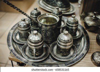 Turk For Coffee. Traditional Handmade Sets. Teapot And Cups For Coffee And Tea. Ancient, Oriental Silver Metallic Set. Turkish National Dishes. Dishes In Turkey. Close Up