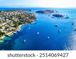 Turkbuku Bay of Bodrum. Mugla, Turkey. Aerial panoramic view of Turkbuku (Golturkbuku). Drone shot.