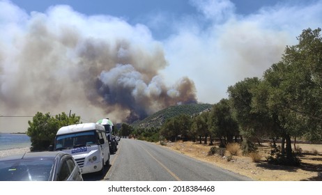 Muğla, Çökertme, Turkey - 02.08.2021: Forest fires in Turkey. Natural forest fire disaster crisis is getting bigger day by day in Turkey. Marmaris, Mugla, Bodrum is on fire. Turkey is burning. 