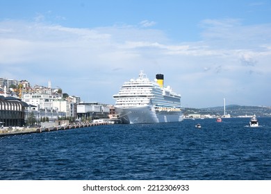 İstanbul  Turkey - 10 03 2022: Costa Venezia Giant Cruise Ship Waiting On The Galataport. Copy Space Area. Selective Focus Area.