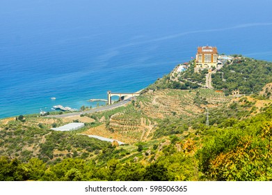 Turkey. Alanya. View From The Mountain To The Banana Plantations, Hotel Utopia World And The Mediterranean Sea.