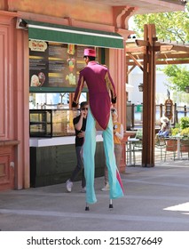 Turkey, Antalya, April 21, 2022: Circus Performer On Stilts