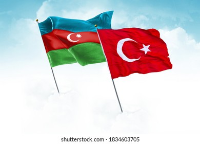 Turkey & Azerbaijan Flags Are Waving In The Sky