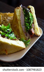 Turkey BLT Sandwich On Texas Toast With Sesame Seed Chips And Hummus