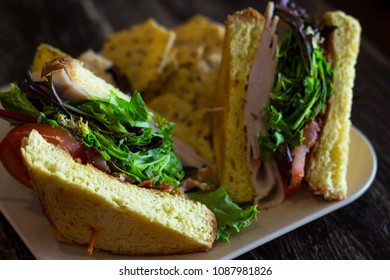 Turkey BLT Sandwich On Texas Toast With Sesame Seed Chips And Hummus