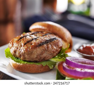 Turkey Burger On Bun With Lettuce And Fixings