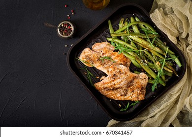 Turkey- Chicken Fillet Cooked On A Grill And Garnish Of Green Beans. Flat Lay. Top View