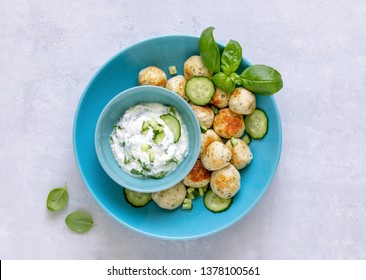 Turkey Or Chicken Greek Meatballs With Tzatziki Sauce, View From Above