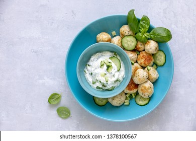 Turkey Or Chicken Greek Meatballs With Tzatziki Sauce, View From Above, Blank Space For A Text