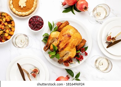 Turkey Or Chicken Served With Light White Wine For Festive Dinner, Top Down View Of Autumn Holidays Table Setting