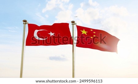 Turkey and China Flags are waving in the spring of the blue sky. ULTRA HD. Turkey and China flag.