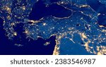Turkey country at night from space, satellite photo. City Lights of Turkey, Europe, Middle East, Black Sea, Mediterranean Sea from space. Elements of this image furnished by NASA.