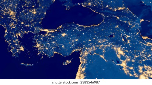 Turkey country at night from space, satellite photo. City Lights of Turkey, Europe, Middle East, Black Sea, Mediterranean Sea from space. Elements of this image furnished by NASA.