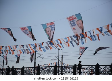 Turkey Early Elections 2018. Justice And Development Party Leaders Erdogan Flags And Peoples