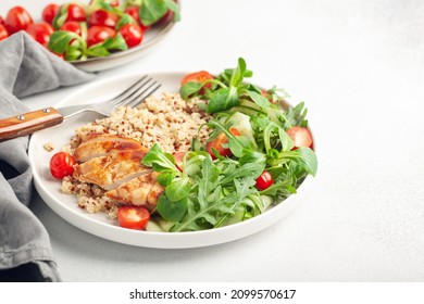 Turkey Fillet Or Chicken, Quinoa And Vegetable Salad In Plate. Diet Concept Food.