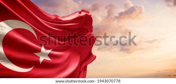 Turkey\
flag in the blue sky. Horizontal panoramic\
banner.