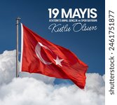 Turkey flag waving in the wind over cloudy sky. 19 Mayis Ataturk