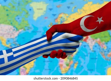 Turkey And Greece - Flag Handshake Symbolizing Partnership And Cooperation With The United States Of America
