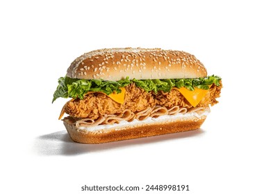 turkey Ham, crispy chicken sandwich in seasame hot dog bun in high resolution image and isolated in white with blurry ends - Powered by Shutterstock