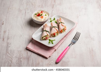 turkey ham filled with rice salad - Shutterstock ID 458040331
