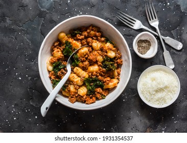 Turkey Hash With Potato Gnocchi On A Dark Background, Top View                 