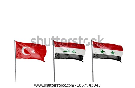 Turkey, Iraq and Syria country flags. Neighboring Countries. Cooperation and agreement, isolated