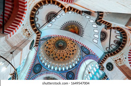 Turkey, Istanbul - February 16, 2020: The Süleymaniye Mosque Interior Decoration.