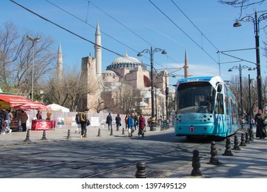 Turkey - Istanbul: March 2019. Life In Istanbul. Modern Tram At Street. 